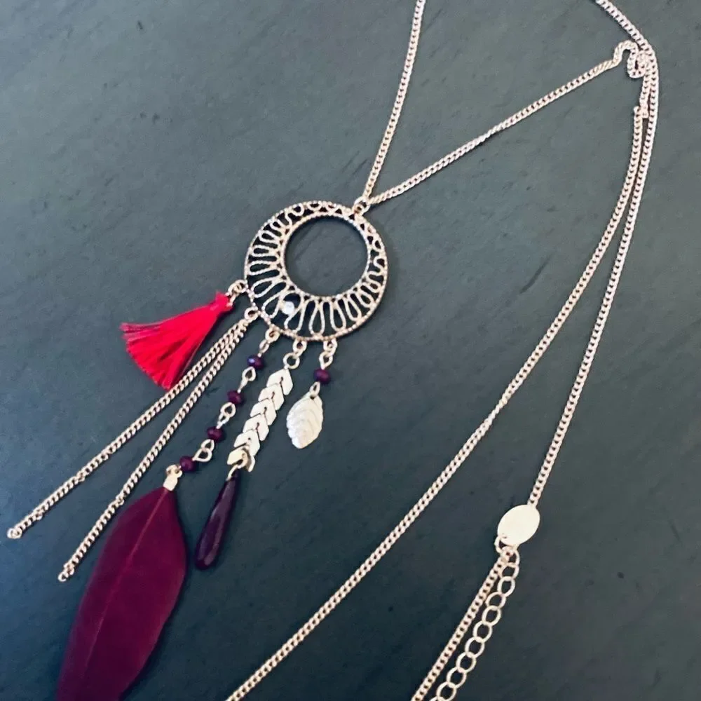 Boho Maroon Red Feather Long Accent Necklace